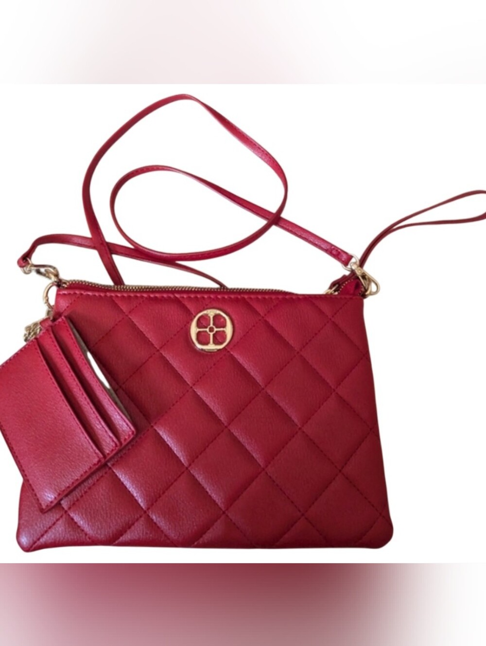 IMAN Cherry Crossbody/ Clutch Bag with Gold Details. Includes Card Holder